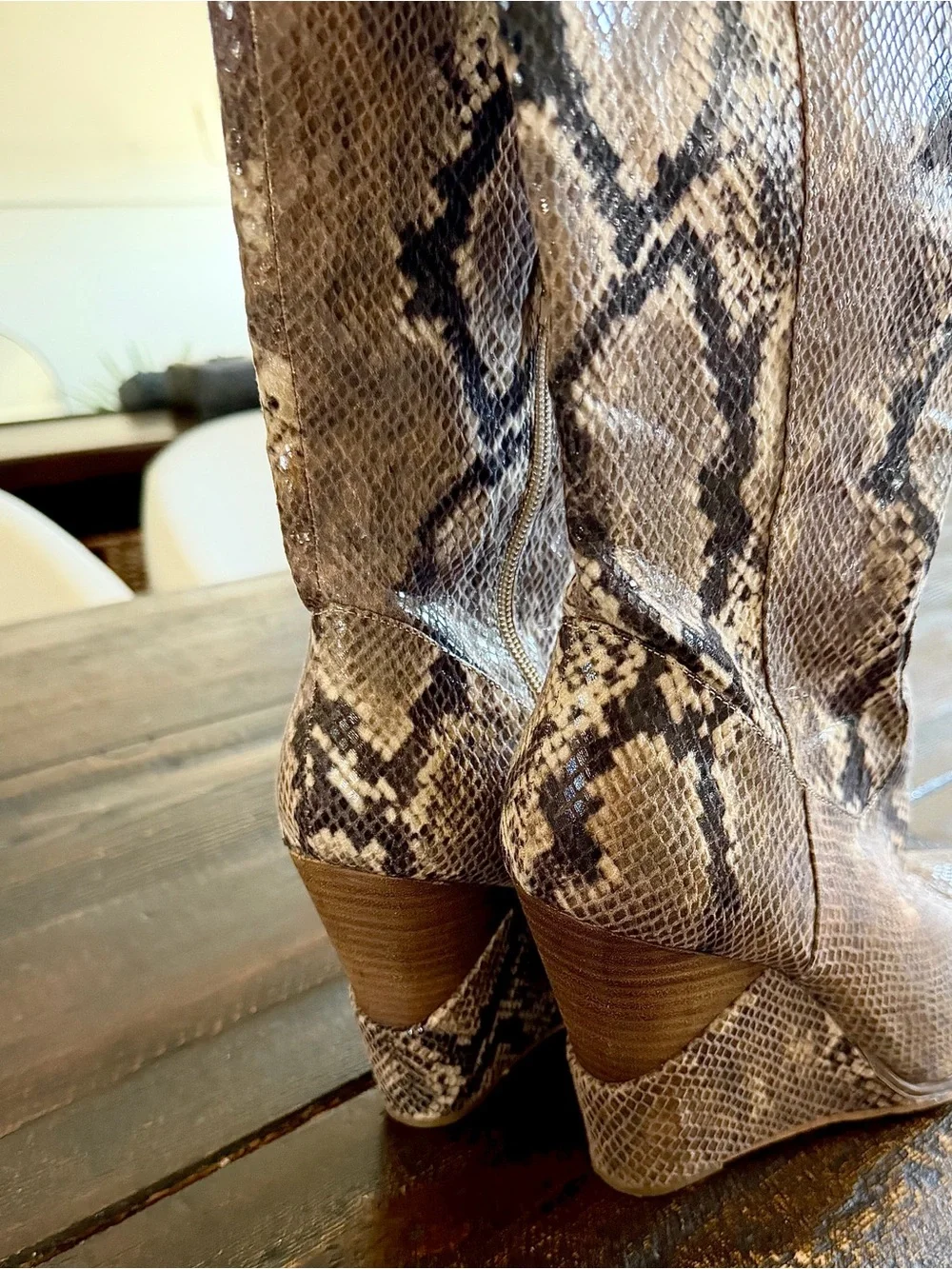 Jessica Simpson Havrie Knee High Snake Print Wedge Boots Totally Taupe 10M